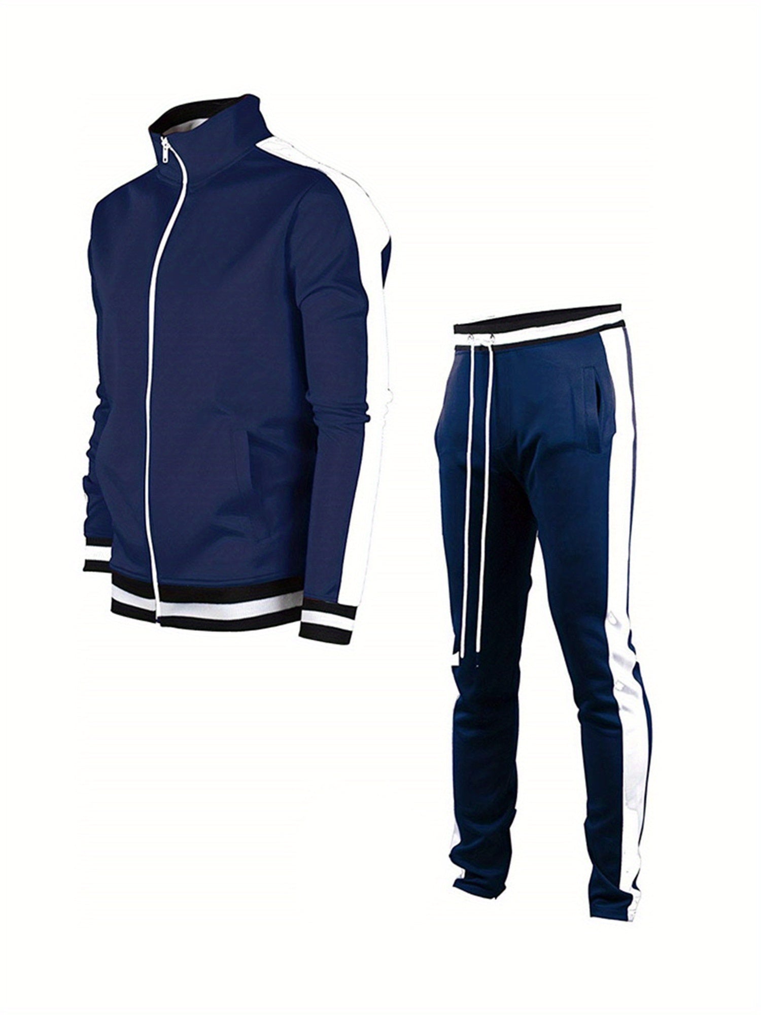 1 Set Men'S Polyester Sports Track Suit, Crew Neck Zip-Up Jacket and Long Pants, Casual Loose Fit Running and Cycling Outfit with Slight Stretch, Solid Color Spring\u002FFall Collection