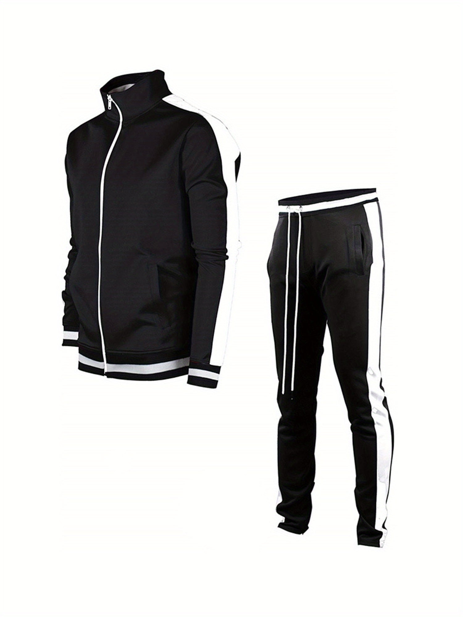 1 Set Men'S Polyester Sports Track Suit, Crew Neck Zip-Up Jacket and Long Pants, Casual Loose Fit Running and Cycling Outfit with Slight Stretch, Solid Color Spring\u002FFall Collection