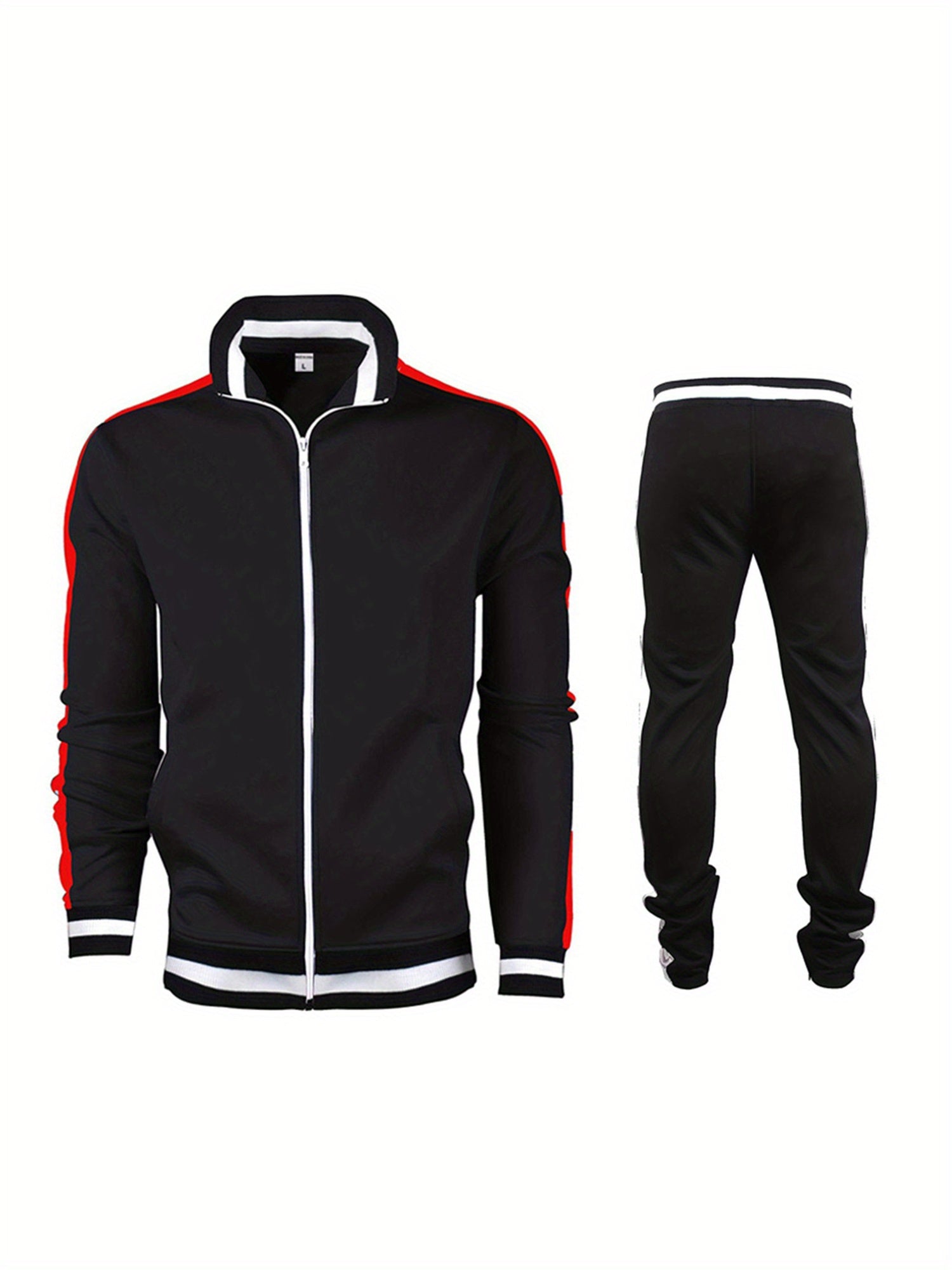 1 Set Men'S Polyester Sports Track Suit, Crew Neck Zip-Up Jacket and Long Pants, Casual Loose Fit Running and Cycling Outfit with Slight Stretch, Solid Color Spring\u002FFall Collection
