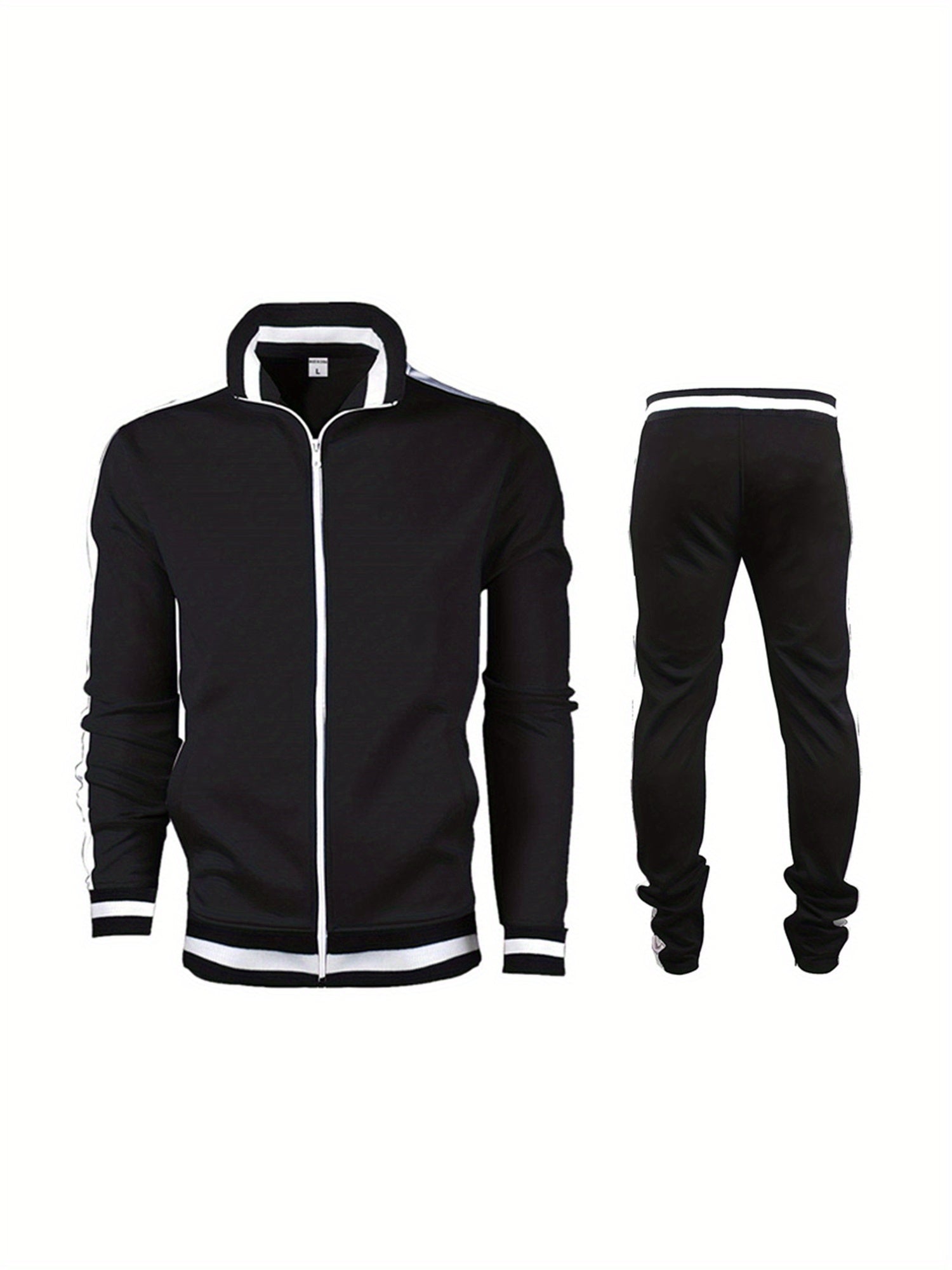 1 Set Men'S Polyester Sports Track Suit, Crew Neck Zip-Up Jacket and Long Pants, Casual Loose Fit Running and Cycling Outfit with Slight Stretch, Solid Color Spring\u002FFall Collection