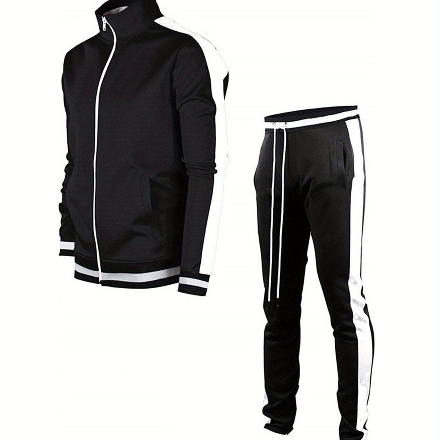 1 Set Men'S Polyester Sports Track Suit, Crew Neck Zip-Up Jacket and Long Pants, Casual Loose Fit Running and Cycling Outfit with Slight Stretch, Solid Color Spring\u002FFall Collection