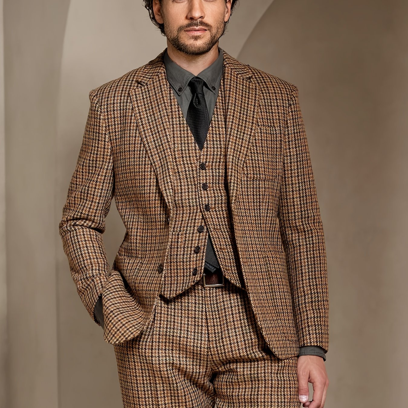 Men'S 3pcs Houndstooth Suit | Slim Fit Retro Wedding Tuxedo | Winter Jacket + V-Neck Vest + Trousers | Formal Business & Party Wear | Suitable for Weddings, Cocktail, Outdoors, Formal Suits for Men, Wedding Suit for Men Plus Size