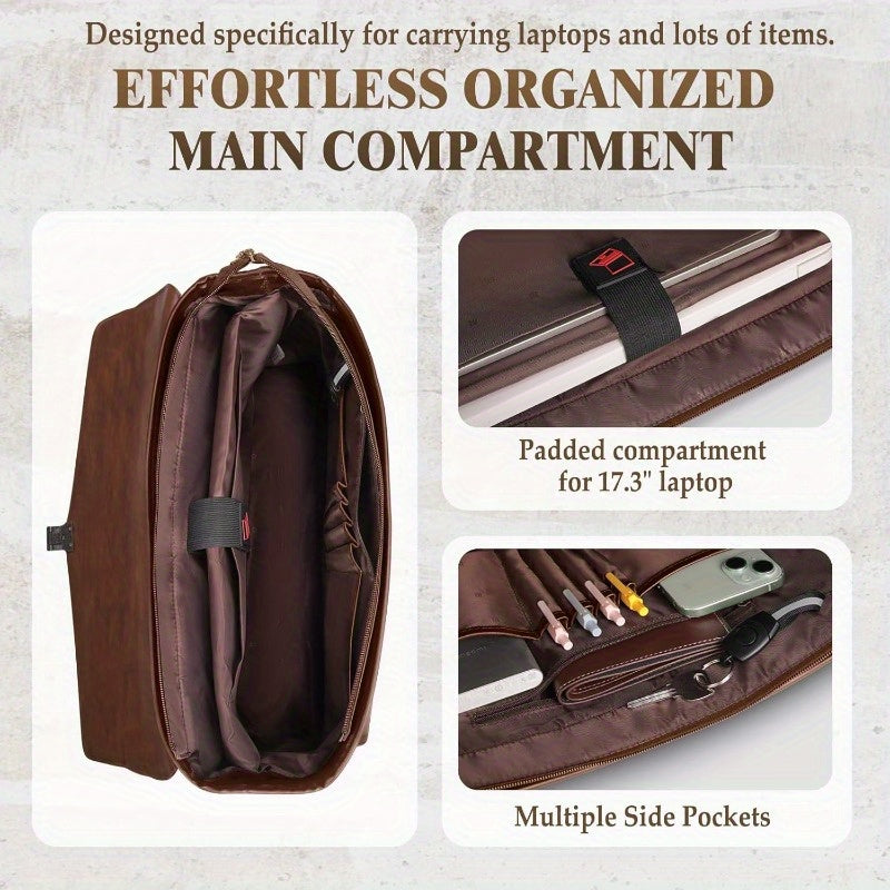 Messenger Bag 17 Inch Laptop Briefcase Leather Satchel Computer Bag for Work Office Travel Business, Multiple Compartments, Adjustable Shoulder Strap & Secure Zipper Closure