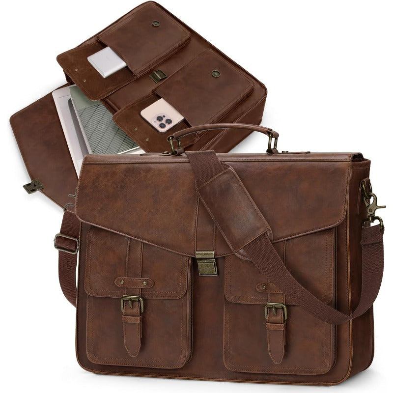 Messenger Bag 17 Inch Laptop Briefcase Leather Satchel Computer Bag for Work Office Travel Business, Multiple Compartments, Adjustable Shoulder Strap & Secure Zipper Closure