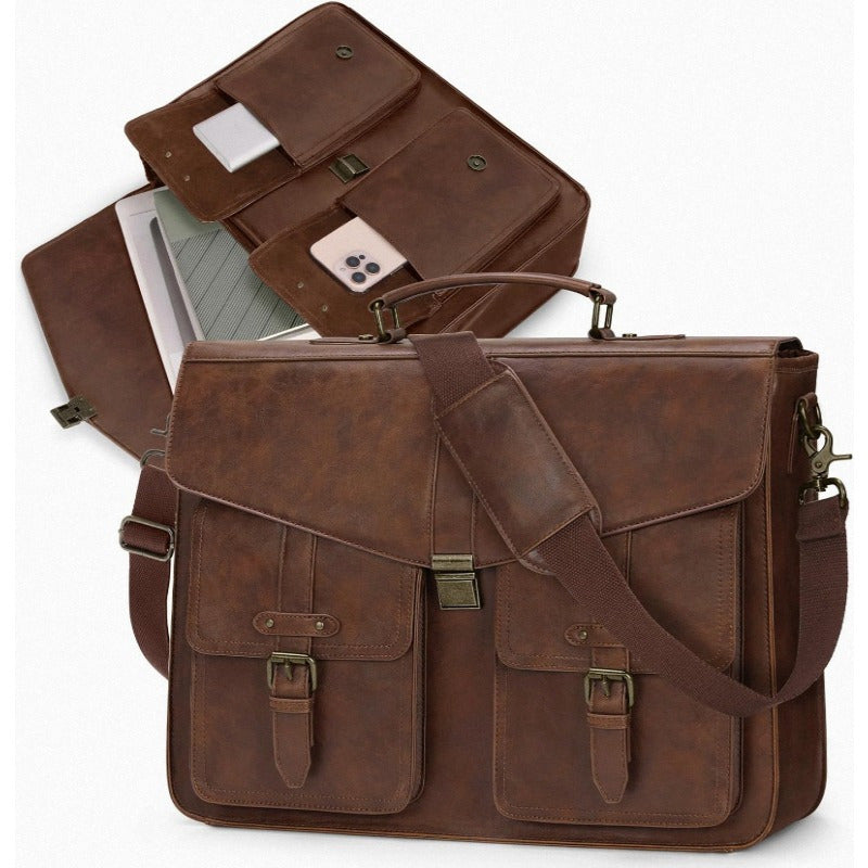 Messenger Bag 17 Inch Laptop Briefcase Leather Satchel Computer Bag for Work Office Travel Business, Multiple Compartments, Adjustable Shoulder Strap & Secure Zipper Closure