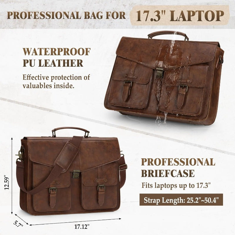 Messenger Bag 17 Inch Laptop Briefcase Leather Satchel Computer Bag for Work Office Travel Business, Multiple Compartments, Adjustable Shoulder Strap & Secure Zipper Closure