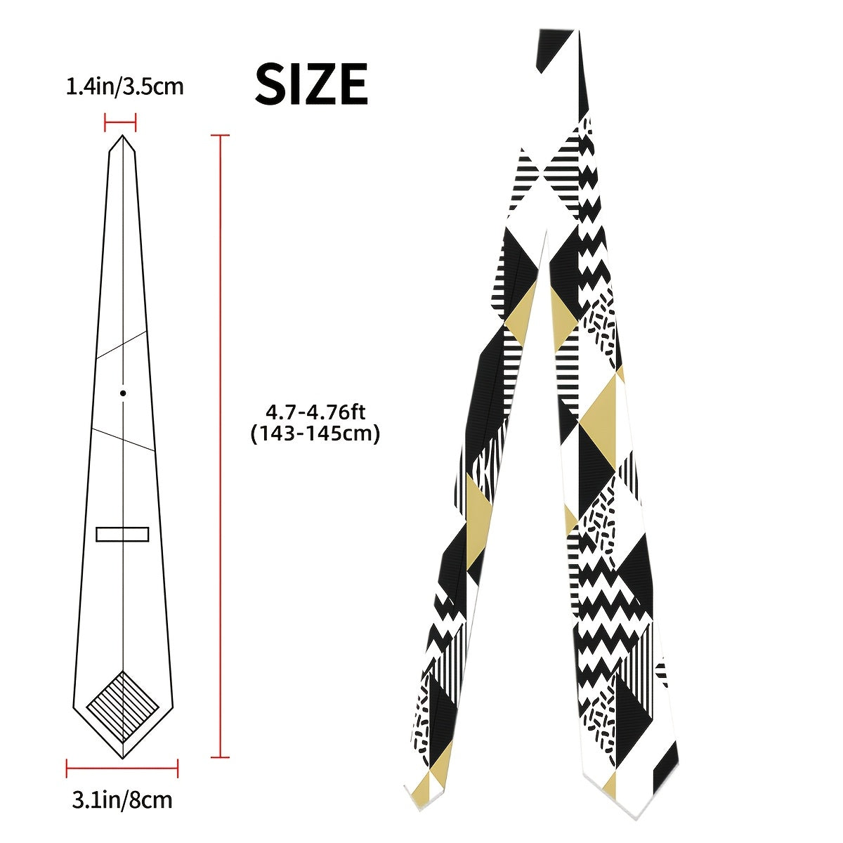 Men'S Geometric Print Tie - & Golden, Stylish Business Casual Necktie for Weddings & Formal Events, Versatile Fashion Accessory with Intricate Patterns, Wedding Accessory | Geometric Pattern Tie | Durable Fabric Tie