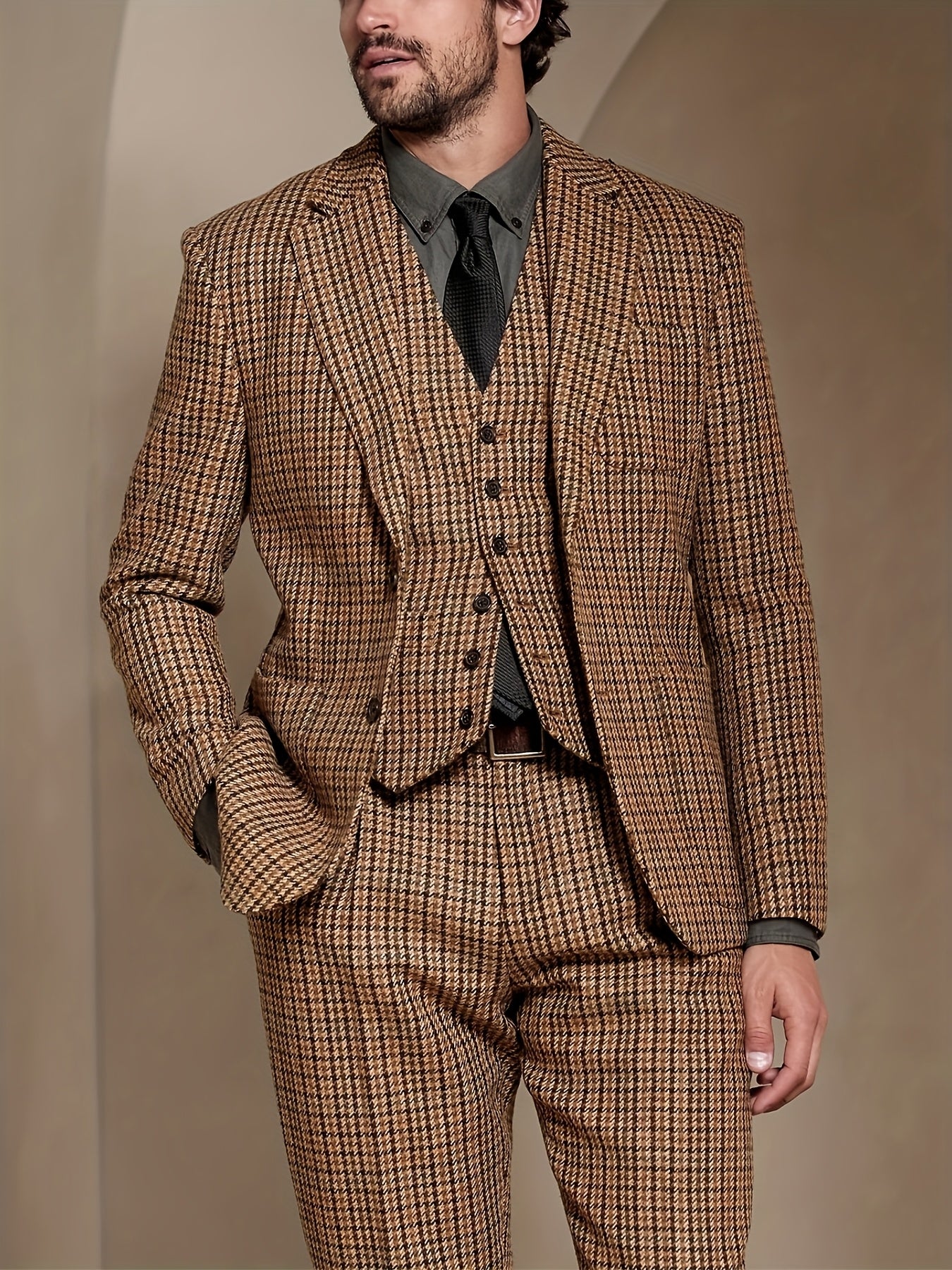 Men'S 3pcs Houndstooth Suit | Slim Fit Retro Wedding Tuxedo | Winter Jacket + V-Neck Vest + Trousers | Formal Business & Party Wear | Suitable for Weddings, Cocktail, Outdoors, Formal Suits for Men, Wedding Suit for Men Plus Size
