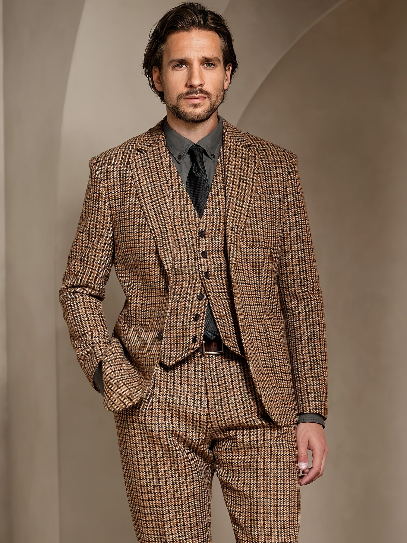 Men'S 3pcs Houndstooth Suit | Slim Fit Retro Wedding Tuxedo | Winter Jacket + V-Neck Vest + Trousers | Formal Business & Party Wear | Suitable for Weddings, Cocktail, Outdoors, Formal Suits for Men, Wedding Suit for Men Plus Size