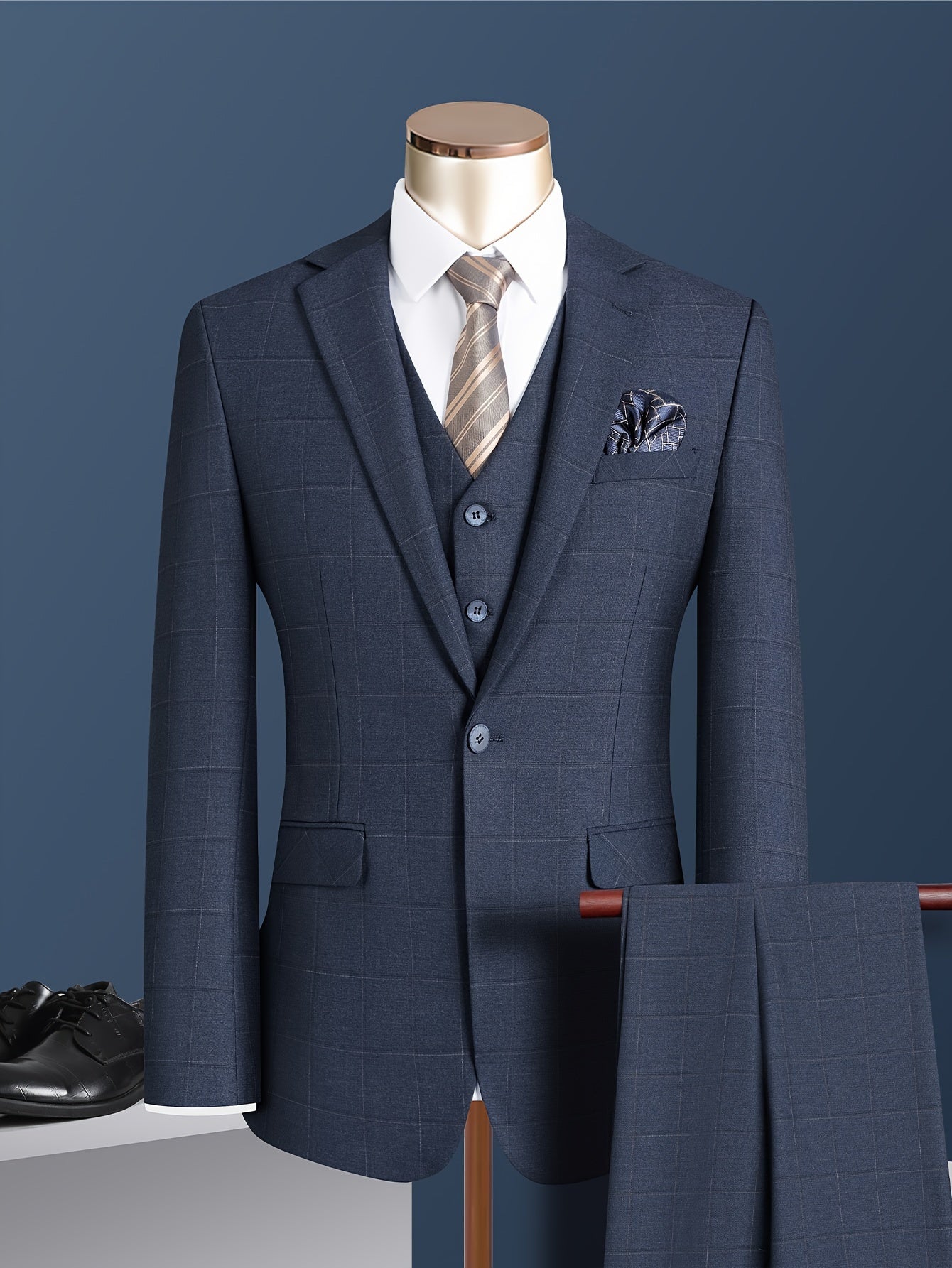 Men'S Wear Three-piece Suit Set, Wedding Dress, Business Casual, Formal, Long Sleeve, Regular Fit, Solid Color, Polyester, 100g m², with Vest