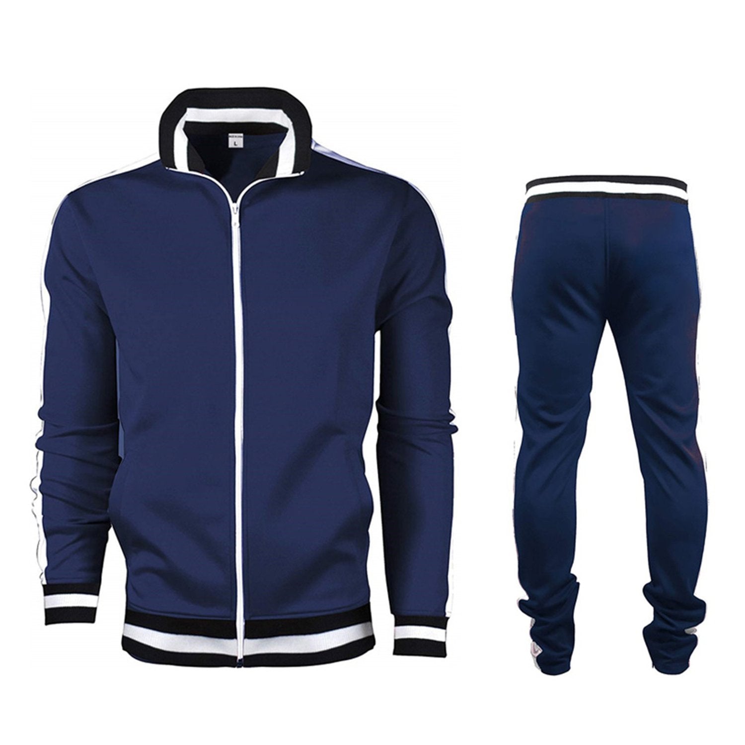 1 Set Men'S Polyester Sports Track Suit, Crew Neck Zip-Up Jacket and Long Pants, Casual Loose Fit Running and Cycling Outfit with Slight Stretch, Solid Color Spring\u002FFall Collection