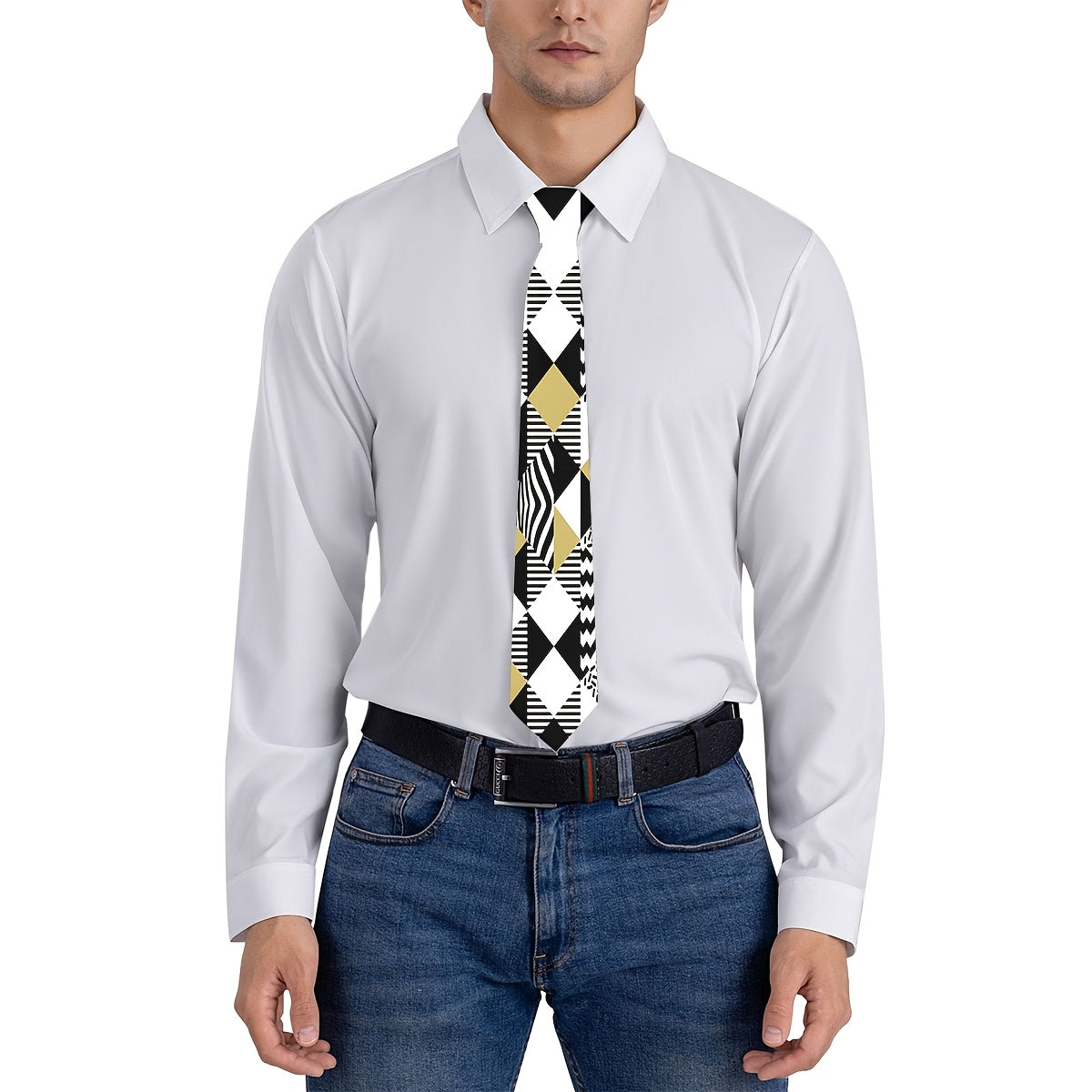 Men'S Geometric Print Tie - & Golden, Stylish Business Casual Necktie for Weddings & Formal Events, Versatile Fashion Accessory with Intricate Patterns, Wedding Accessory | Geometric Pattern Tie | Durable Fabric Tie