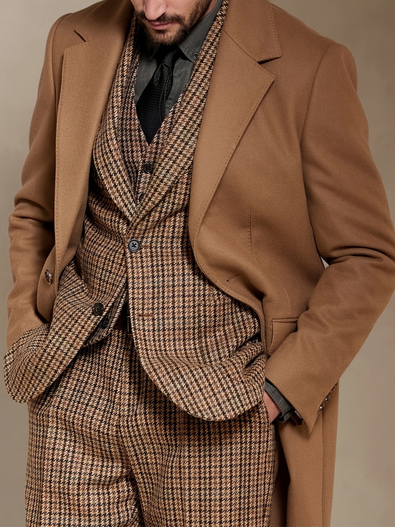 Men'S 3pcs Houndstooth Suit | Slim Fit Retro Wedding Tuxedo | Winter Jacket + V-Neck Vest + Trousers | Formal Business & Party Wear | Suitable for Weddings, Cocktail, Outdoors, Formal Suits for Men, Wedding Suit for Men Plus Size